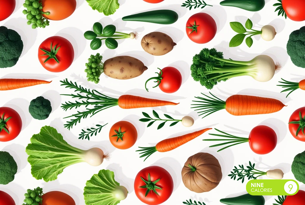 Assorted fresh vegetables including tomatoes, broccoli, carrots, and bell peppers